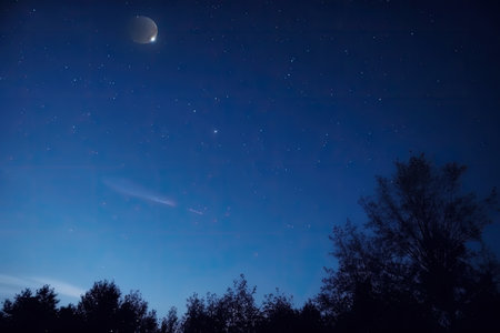 dark blue evening sky with bright stars and moon, created with generative aiの素材