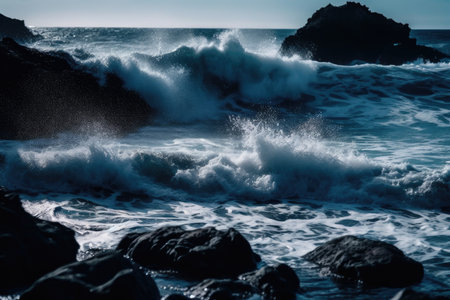 dark blue waves, crashing against the beach, created with generative aiの素材