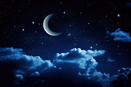 dark blue night sky, with stars and moon shining bright, created with generative aiの素材