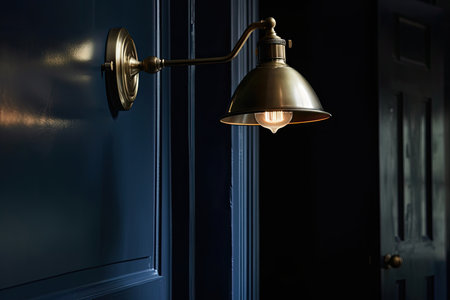 dark blue wall with vintage brass light fixture, created with generative aiの素材