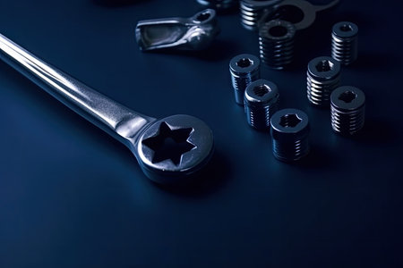 dark blue backdrop with metal object, such as wrench or socket set, created with generative aiの素材