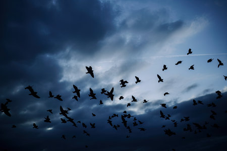 dark blue sky with flock of birds in flight, created with generative aiの素材