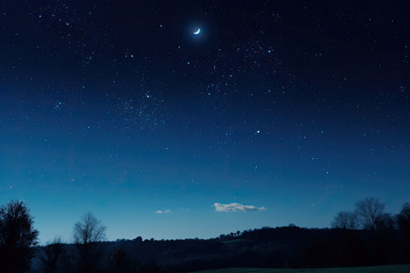 dark blue night sky with stars and moon visible, created with generative aiの素材