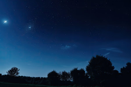 dark blue night sky with stars and moon visible, created with generative aiの素材