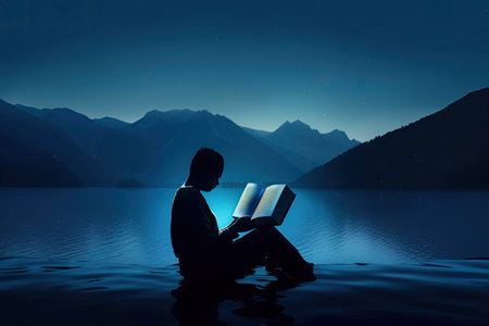 person, reading book or magazine, with dark blue scenic backdrop, created with generative aiの素材