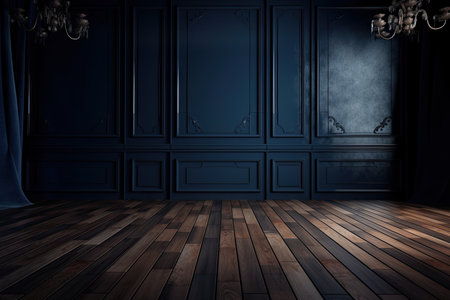dark blue backdrop with wooden floor, for classic and timeless look, created with generative aiの素材