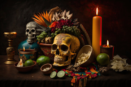 day of the dead altar with offerings and burning candle, created with generative aiの素材