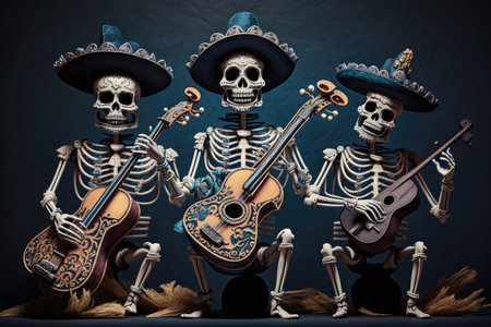 skeleton mariachi band, playing lively music in celebration of day of the dead, created with generative aiの素材