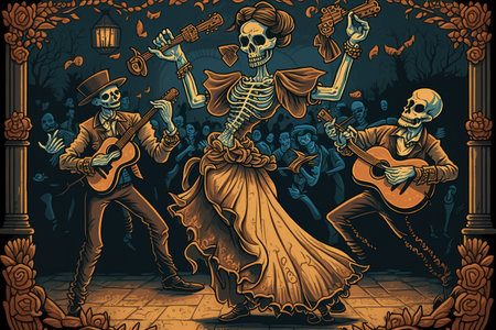 day of the dead celebration with dancing and music, created with generative aiの素材