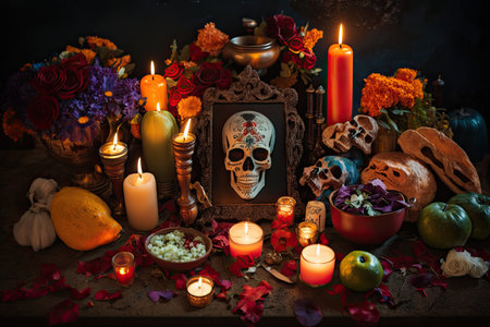 day of the dead altar, decorated with candles, flowers, and offerings to honor the dead, created with generative aiの素材