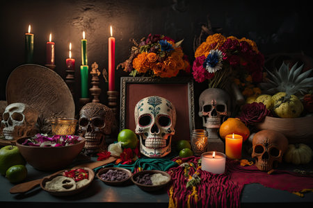 day of the dead altar, decorated with candles, flowers, and offerings to honor the dead, created with generative aiの素材