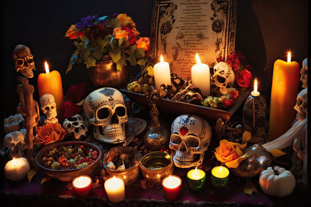 day of the dead altar, decorated with candles and offerings to honor lost loved ones, created with generative aiの素材