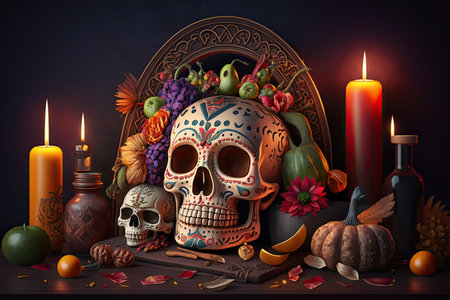 day of the dead celebration with traditional rituals and offerings, including decorated skulls and altars, created with generative aiの素材