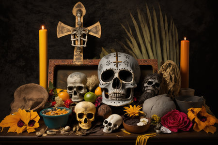 day of the dead altar, filled with offerings and spirit guides for the dead, created with generative aiの素材