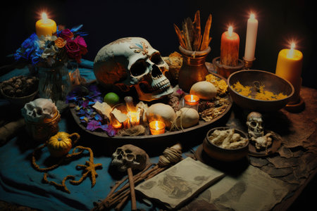 day of the dead altar with candles, incense and offerings, created with generative aiの素材