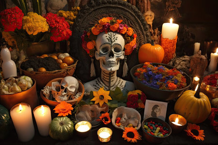 day of the dead altar, filled with offerings and flowers for the departed, created with generative aiの素材