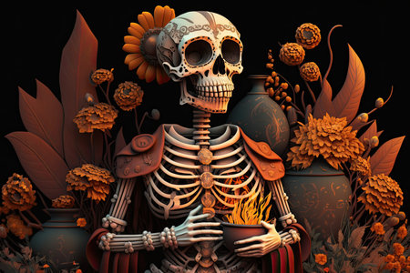 skeleton character, holding marigold and incense, in traditional day of the dead environment, created with generative aiの素材