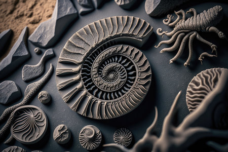 intricate fossils, prepared and ready for exhibit in museum, created with generative aiの素材