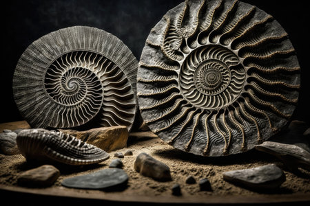 intricate fossils, prepared and ready for exhibit in museum, created with generative aiの素材