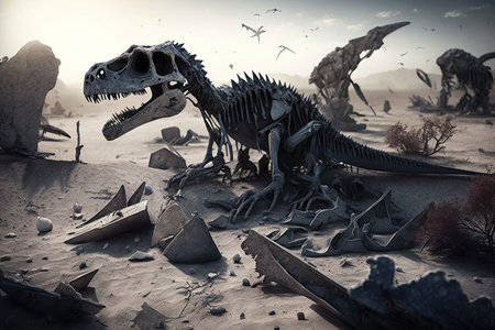 dinosaur bones scattered on the earth, amongst broken and weathered remains, created with generative aiの素材