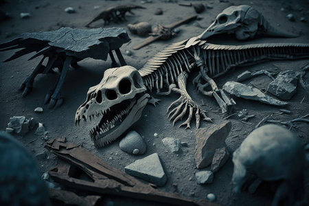 dinosaur bones scattered on the earth, amongst broken and weathered remains, created with generative aiの素材
