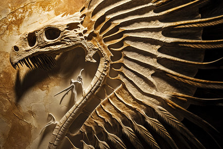 close-up of dinosaur fossil, with delicate bones and feathers visible, created with generative aiの素材