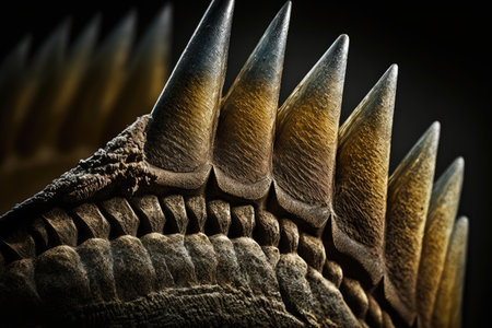 close-up of dinosaur tooth, with its serrated edges and jagged tips visible, created with generative aiの素材