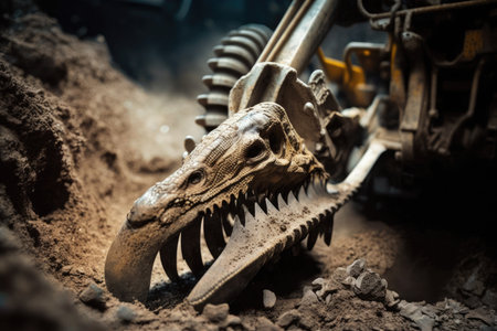 close-up of excavators shovel, digging up dinosaur bones, created with generative aiの素材