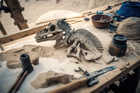dinosaur bones and fossils carefully removed from excavation site, created with generative aiの素材