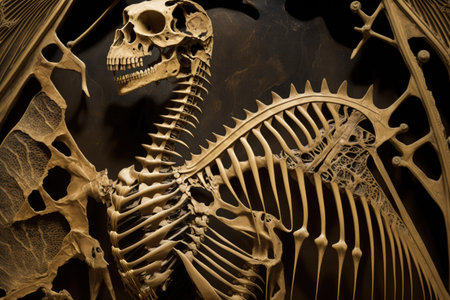 close-up of dinosaur fossil ribcage, with bones and skin preserved, created with generative aiの素材