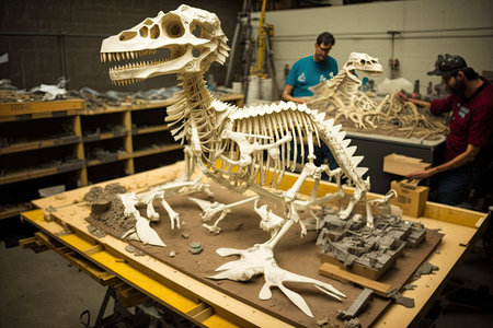 dinosaur skeleton being pieced together by paleontologists, with other bones and artifacts visible in the background, created with generative aiの素材