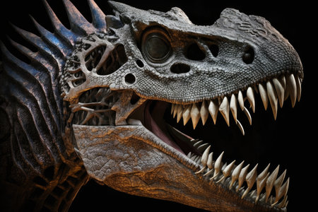 close-up of dinosaur skull, with its fearsome teeth and jaws in full view, created with generative aiの素材