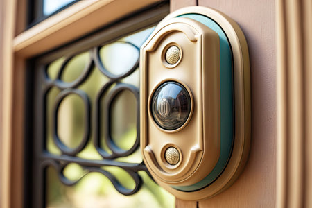 close-up of doorbell, with view of the outside visible through the window, created with generative aiの素材