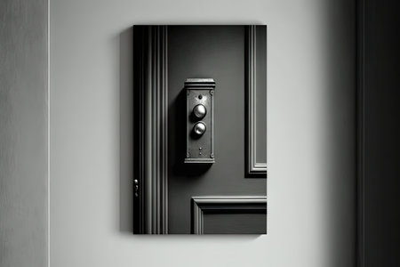 doorbell, with view of front door, on sleek and minimalistic black or white wall, created with generative aiの素材