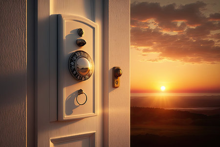 doorbell ringing in room with view of sun setting behind the horizon, created with generative aiの素材