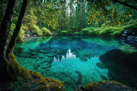 pristine elf forest with crystal clear water, perfect for swimming, created with generative aiの素材