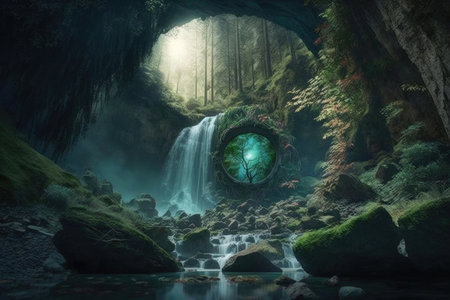 enchanted forest with waterfall, bringing life to the scenery, created with generative aiの素材