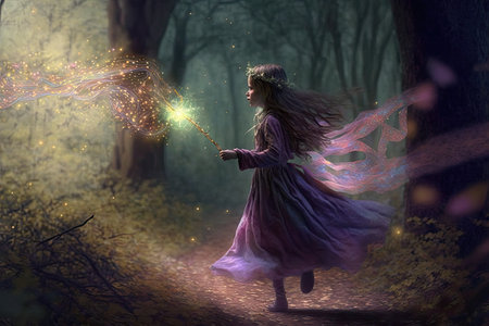 magic fairy, skipping through the forest, with her wand and magical dust, created with generative aiの素材
