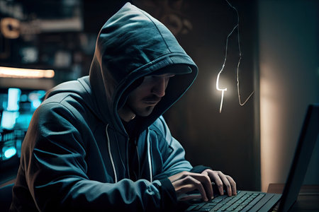 dark room, filled with glow of computer screen and hacker hard at work, created with generative aiの素材