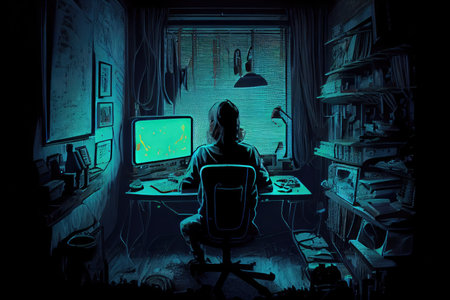 dark room, filled with glow of computer screen and hacker hard at work, created with generative aiの素材