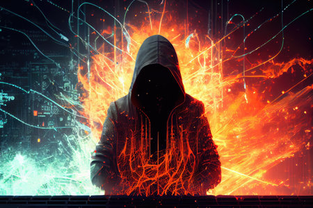 hacker, surrounded by intricate and complex of computer networks, breaking through firewalls, created with generative aiの素材