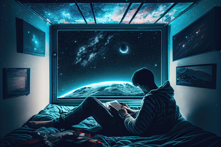 hacker lying on bed, typing commands on laptop, with view of the night sky visible through the window, created with generative aiの素材
