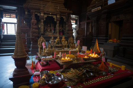 view of hindu temple, with deities and offerings visible in the sanctuary, created with generative aiの素材