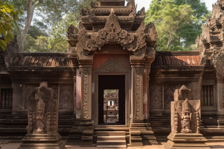 temple entrance gate, featuring intricate carvings and towering columns, created with generative aiの素材