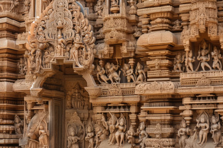 close-up of intricate details on a hindu temple, including carvings and sculptures, created with generative aiの素材