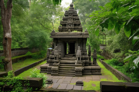 humble stone hindu temple, surrounded by lush greenery and peaceful atmosphere, created with generative aiの素材