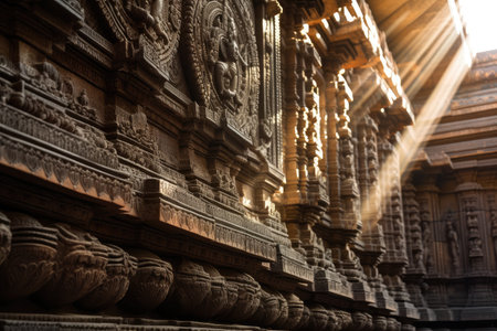 close-up of hindu temples intricate carvings and designs, with sunbeams shining through the windows, created with generative aiの素材