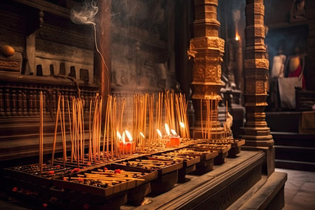 traditional hindu temple with burning incense and flickering candles, created with generative aiの素材
