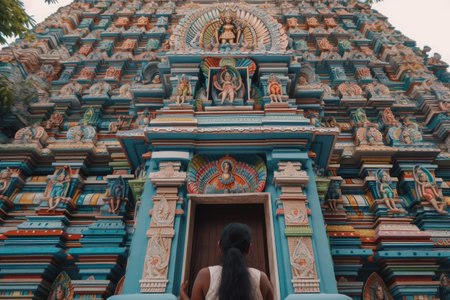 person, discovering hindu temple for the first time, with its intricate and beautiful artwork, created with generative aiの素材