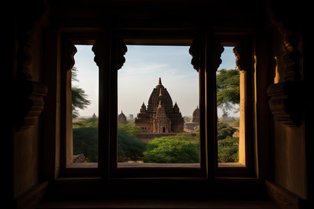window, with view of hindu temple, showcasing the beauty and grandeur of the sacred space, created with generative aiの素材